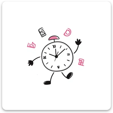 hand-drawn doodle of a clock with numbers flying, pink accents, playful sticker