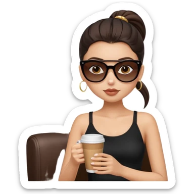 generate a pretty fair bratz girl with dark brown eyes, dark brown eyes tied into a slick back ponytail, thin brown sunglasses. Wearing a black cami top and drinking coffee, high cheekbones sticker