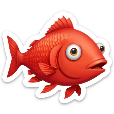 extremely derpy red fish with bulging eye and goofy buck teeth, perfect flat side profile facing right, exactly 90 degrees, completely 2D like a paper cutout, only one eye visible, absolute side view sticker