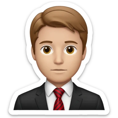 man with combed light brown hair wearing a suit with black horizontal stripes and a red tie sticker