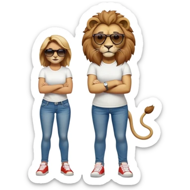 friendly anthropomorphised female lion, full body, standing confidently with legs shoulder width apart, arms folded, wearing jeans, white t-shirt, dark sunglasses, trainers, determined expression sticker