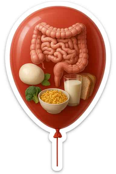 PALLONCINO ROSSO CON DENTRO UN INTESTINO UMANO, UNA MOZZARELLA, UN BICCHIERE DI LATTE, UNA BOWL DI PASTA, QUALCHE BROCCOLO, QUALCHE FETTINA DI PANE sticker