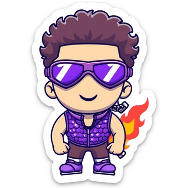 close-up of cool guy male athlete with white skin and moderately curly dark brown hair on top with shaved sides, with one purple ski goggle lens pushed up above his eyes on his forehead, sticking his tongue out of his mouth, a simple plain black chain necklace, and a completely unzipped sleeveless vest with purple and black sequin fire pattern design with no logo sticker