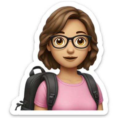 a girl with brown hair, wearing black-rimmed glasses, with a backpack, in a pink top sticker