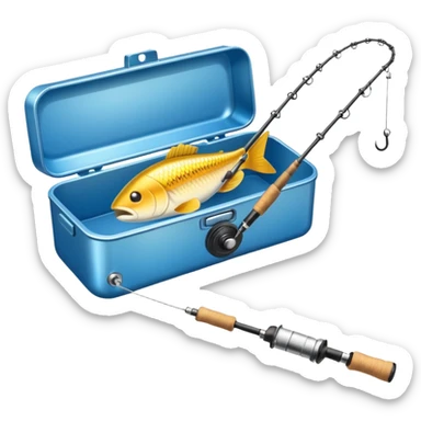 A fishing rod with reel and line neatly coiled beside a bait box. sticker