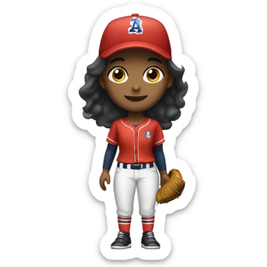 A girl who wearing baseball uniform and ballcap sticker