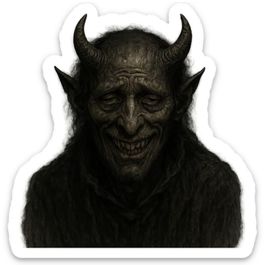 sinister demonic figure with sneering vicious face, sad depressed eyes, pessimistic perpetrator-like presence sticker