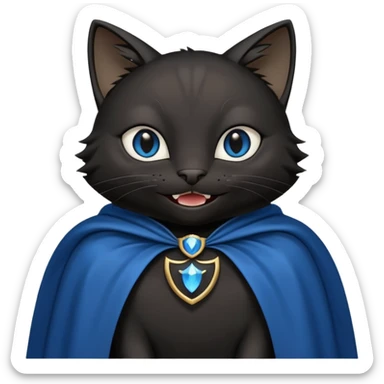 an all black anthropomorphic cat with blue eyes wears an all black cape and is smiling a mischievous sharp tooth grin sticker