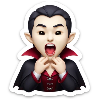 Cinematic Cute Yawning Vampire Portrait Emoji, with a small, rounded, charming pale face accented with tiny playful fangs and droopy, half-closed eyes, head tilted in an adorable wide yawn, dressed in miniature elegant dark attire with a hint of crimson, simplified yet irresistibly endearing, highly detailed with a soft, mysterious glow and gentle outline that captures the cute, drowsy side of an immortal! sticker