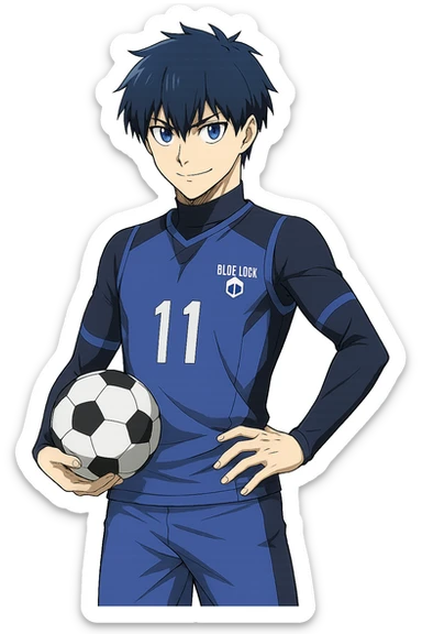 Yoichi Isagi from Blue Lock, anime style, blue hair, holding a soccer ball, confident stance, no background sticker