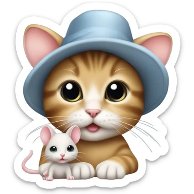 Baby cat carrying mouse in a hat sticker