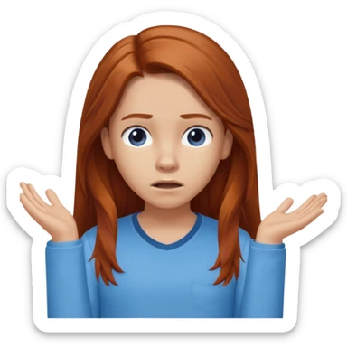 shrugging confused emoji tween long auburn hair light blue shirt with a darker blue L sticker