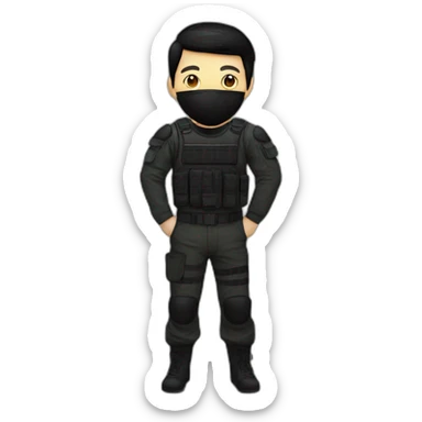 Poker face man, black hair and black mouth mask and black military pants sticker