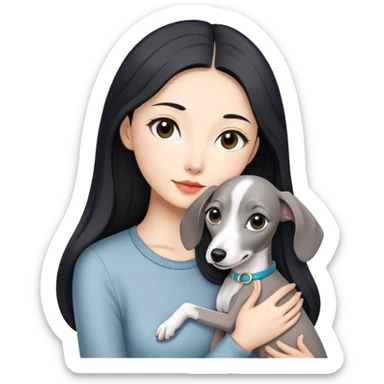 Slim Chinese girl with long black hair holding all grey Italian greyhound sticker