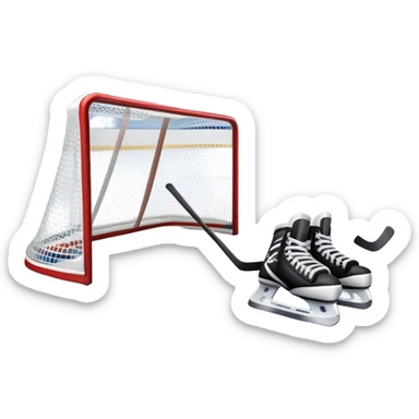 An icon showing a hockey stick, puck, skates, and goalposts on the ice. The background features a large hockey stadium with cheering fans, bright lights, and a snowy landscape visible through the arena. Transparent background highlights the main hockey equipment and atmosphere. sticker