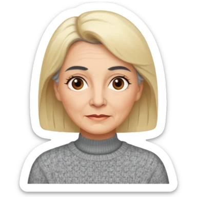 Rea emoji bionda di 70 anni occhi castani sopracciglia nere faccia più paffutella e maglione grigio ma le sopracciglia nere sticker