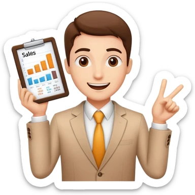Enthusiastic salesperson with sales chart showing success sticker
