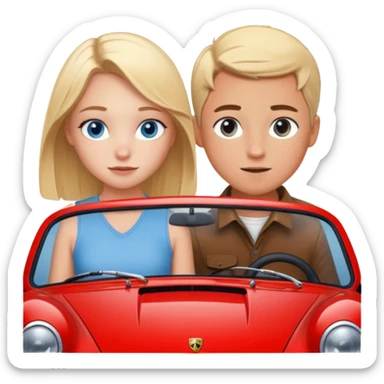 crea un emoji que sea una pareja, una chica rubia con pecas en la cara & los ojos azules & un chico con el pelo negro lindo con ojos cafés que haya un porsche rojo  sticker