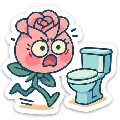 soft pink rose flower, chibi round shape, puffed cheeks, panicked expression, bulging eyes, dashing legs, running frantically to the toilet, pastel tones, full-body sticker