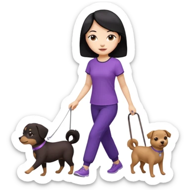 black hair Chinese woman wearing purple top and black pants walking a small brown dog sticker