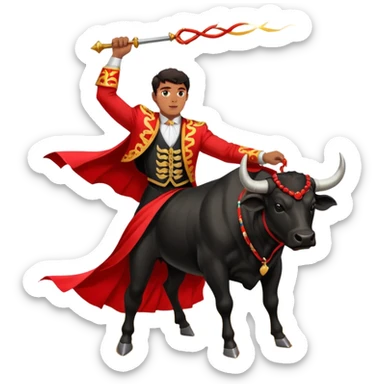 Create a realistic image of a traditional bullfighting scene in a Spanish arena.
Show a bullfighter (matador) HOLDING a red cape (muleta) not wearing one. as a powerful black bull charges toward it. sticker