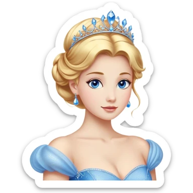 Cinematic Stunning Cinderella Portrait Emoji, Radiant in her sparkling blue ball gown, golden hair in a perfect updo, soft blue eyes full of wonder, glistening tiara, glowing with an ethereal beauty, regal yet kind, a dreamlike aura surrounds her, capturing the essence of a fairy tale princess, elegant and breathtaking! sticker