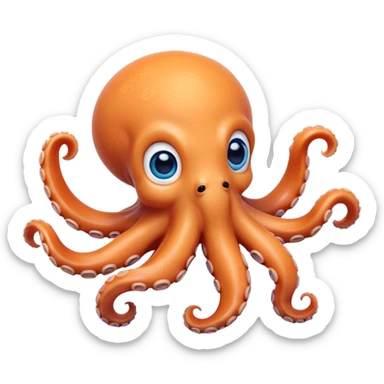 Cinematic Cute Octopus Portrait Emoji, Head tilted playfully and inquisitively, featuring a rounded, light orange body embellished with playful blue rings, eight adorably curling arms, and big, twinkling eyes full of wonder, Simplified yet irresistibly adorable features, highly detailed, glowing with a warm, inviting underwater glow, high shine, affectionate and lively, stylized with a touch of whimsical cartoon charm, soft glowing outline, capturing the essence of a mischievous yet loving octopus that seems as if it could bob out of the screen into your arms! sticker
