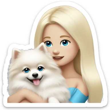 Blond girl white skin blue eyes hugging white Pomeranian with light pink bow sticker