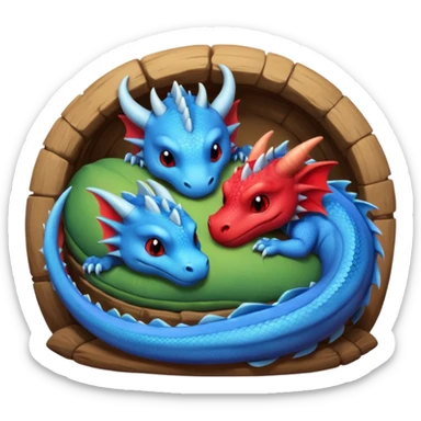 un couple de dragons, un rouge et un bleue trop mignons endormis dans leur tanière. sticker