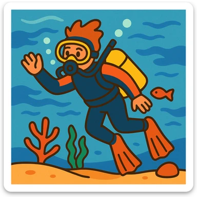 a diver in a wetsuit underwater in a playful cartoon style sticker