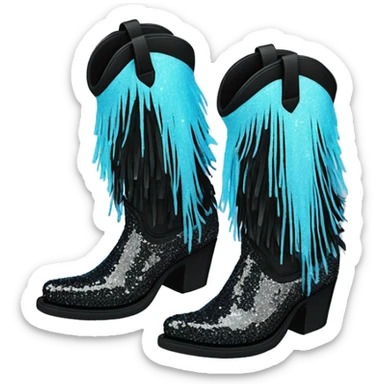 Realistic pastel blue to black ombre pair of fashion cowgirl boots with sparkly shiny glitter fringe on them. sticker