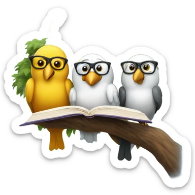 three birds in a tree but one of them wearing glasses and hanging a book sticker