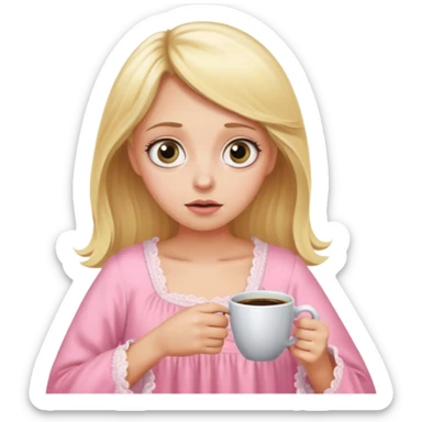 A blonde woman in a pink nightgown with wide eyes looks for coffee. sticker