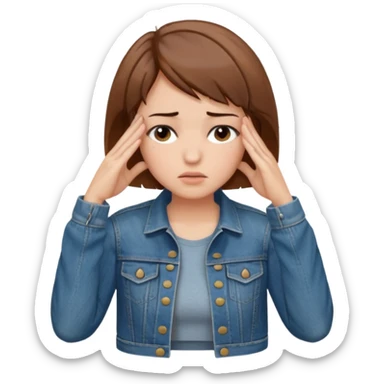 a woman with a brown short hair, looking at the left, facepalming, wearing a denim jacket, only upper body, high quality sticker