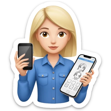 female UX designer holding mobile phone and design sketches sticker