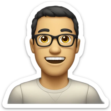 nerd face, mouth close, 2 teeth visible, some acne buttons, pale tan, black hair, with glasses sticker