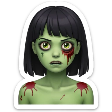 Um zumbi feminino, com cabelo preto e franja, machucados pelo rosto e torso, fundo escuro destacando o rosto com sombras pele verde sticker