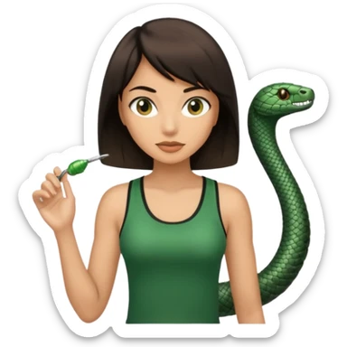 Femme brune yeux marron avec une coupe carré noir , femme couleur de peau typé, avec un cobra a côté , débardeur noir sticker