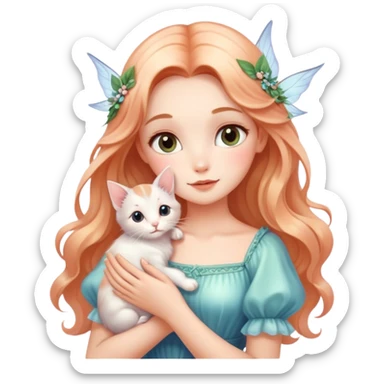 Dreamy beautiful fashion elegant cute shiny lady soft style kawaii beautiful hair fairy style holding a kitten sticker