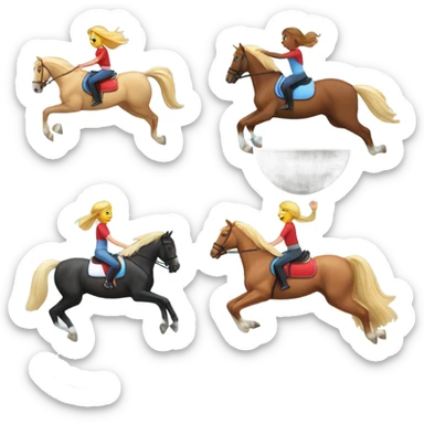 Red round horse with girl jumping over jump, horse wearing light blue saddle pad girl has blonde hair sticker