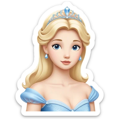 Cinematic Elegant Cinderella Portrait Emoji, rendered in a beautifully detailed, vector-style with minimal shading and bold, simplified shapes. Depict Cinderella in her classic ball gown (chest and above) with fair, porcelain skin and elegantly styled blonde hair, her eyes soft and kind, and her expression serene and graceful. The design glows with a gentle, enchanting radiance and high shine, capturing the timeless beauty of a fairy tale princess. sticker