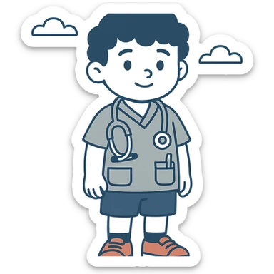 realistic yet stylized 2D character of a cute young boy doctor, around 8–10 years old, soft facial features, big expressive brown eyes, curly brown hair, light blue pediatrician short-sleeve shirt with front pockets (one with pen and tongue depressor), pink and silver stethoscope, blue knee-length shorts, red canvas sneakers with white soles, black socks slightly visible, soft lighting, vibrant colors, warm and friendly, wholesome, game character style for children's educational or hospital simulation games sticker