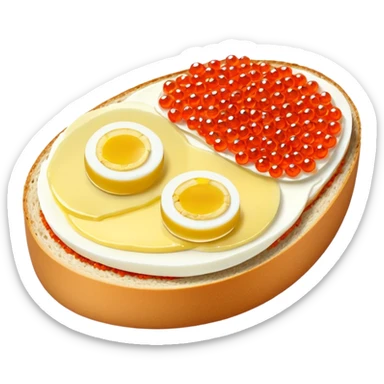 open sandwich with butter, boiled half egg, slice of lemon, red caviar sticker
