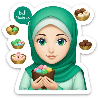 Turkish beautiful finish Konya girl blue eyes with green emerald hijab islamic dress and had on her hand text Eid Mubarak with sweets and celebrating with her friends eid days   sticker