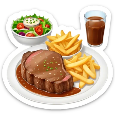 big juicy australian steak meal featuring chips, small salad in a ramikan and gravy in a small bowl on the plate sticker