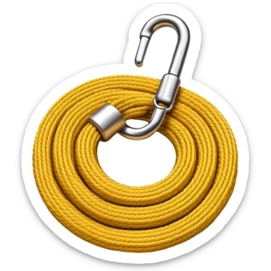 A 3D cartoon coiled climbing rope with a carabiner, golden color, resting on a rocky surface, realistic soft shadows, Memoji-style rendering. negative : Flag. sticker