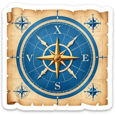 blue blueprint with white lines and treasure map elements including X mark, dotted path, compass rose sticker