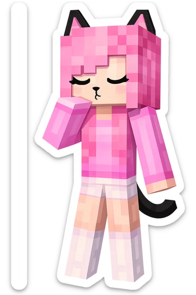 Extract the pink-haired cat girl as a separate image on a transparent background, preserving the original Minecraft cartoon style and appearance. sticker