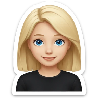 a new character a girl with shoulder length blonde hair wearing black clothes and wearing a cheeky smile she has blue eyes sticker