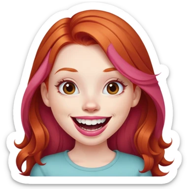 Young girl with pale skin, full pink lips smiling with big teeth, ginger red hair (very long), bigger nose, deep brown eyes (less green), big mouth sticker